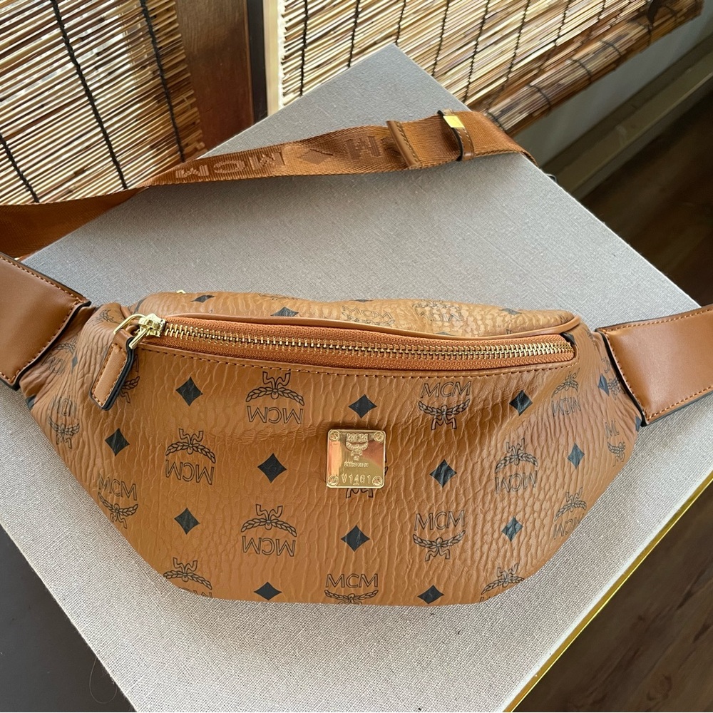 MCM Brown Belt Bag with Logo Pattern and Gold Zipper